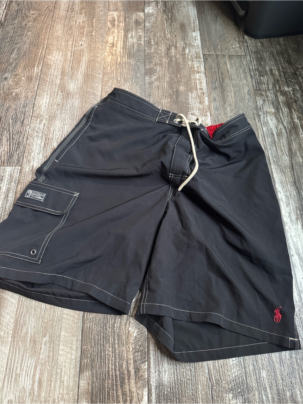Ralph Lauren Men’s Black Swim Board Shorts with Red Logo